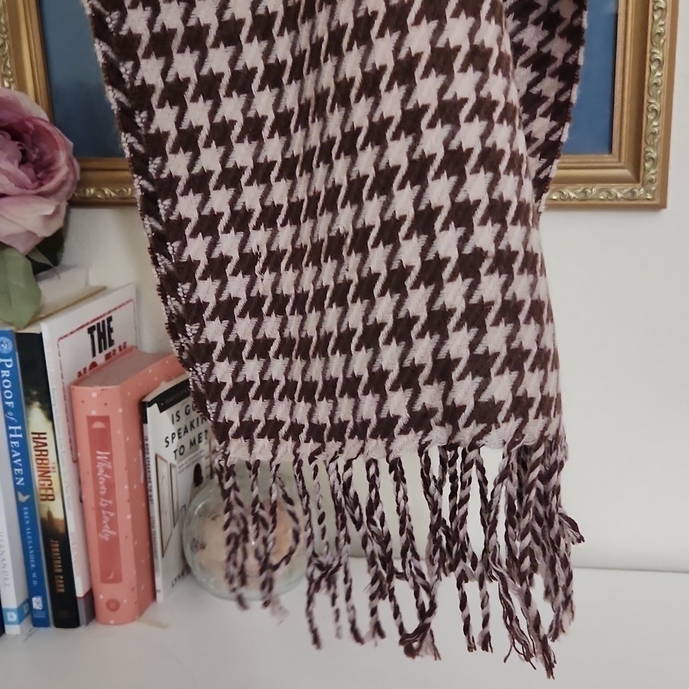 100% Clear Silk Tassel Scarf Unisex Camel beige Brown Houndstooth Luxury - Picture 7 of 10